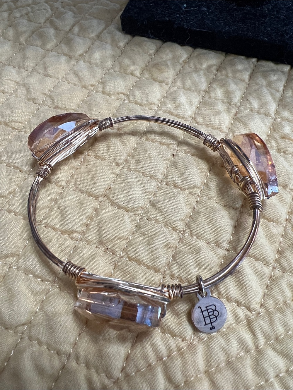 Bourbon and Bowties Rose Gold Wire Bracelet with Peach Crystal Accents